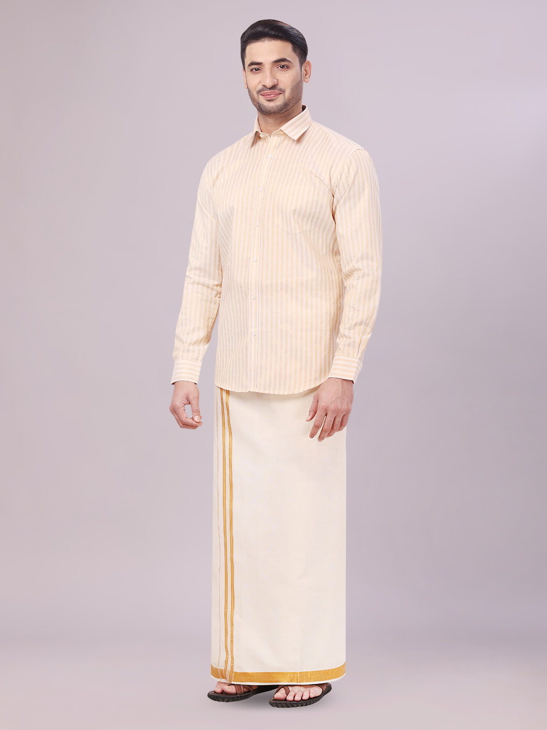 Mens Tissue Stripes Gold Shirt with Plain Jari Border Dhoti Wedding Combo Carter