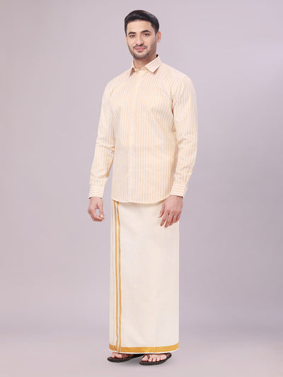 Men's Tissue Stripes Gold Shirt with Plain Jari Border Dhoti Wedding Combo Carter side pose