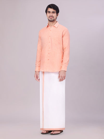 Men's Peach Color Cotton Shirt with Matching Border Dhoti Combo