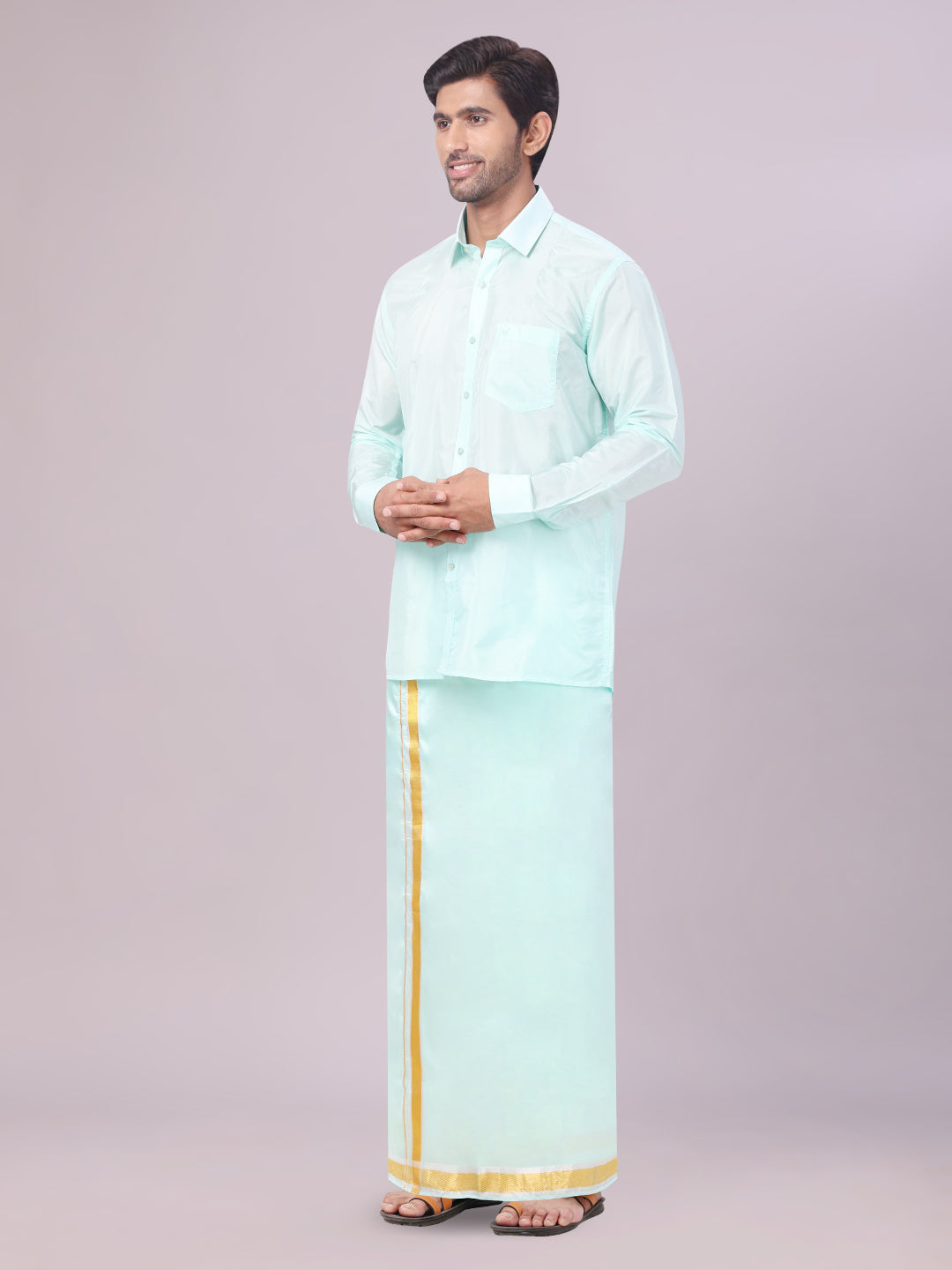 Men's Art Silk Mint Leaf Full Sleeves Shirt with Gold Jari Border Dhoti Combo Finesse side pose