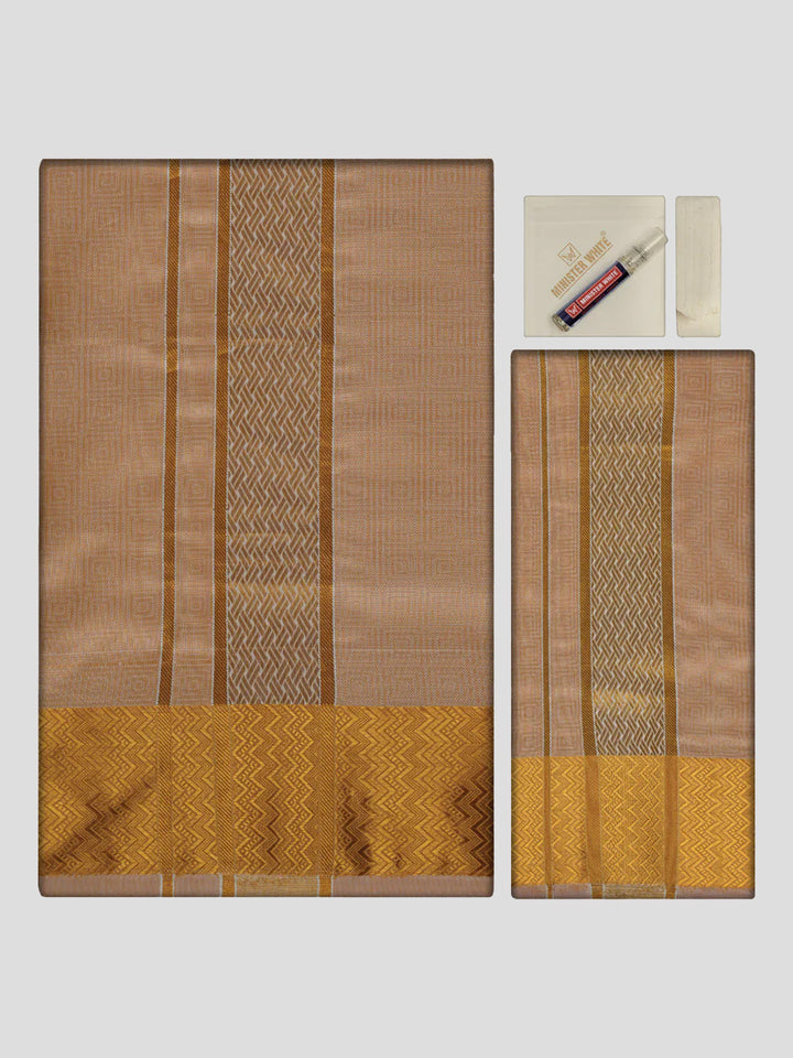 Men's Premium Art Silk Biscuit Shirt Bit with 2 1/2" Gold Jari Border Dhoti Towel Combo Sieger