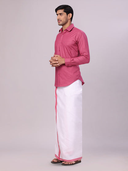 Men's Pink Color Shirt with Matching Border Dhoti Combo Casper side pose