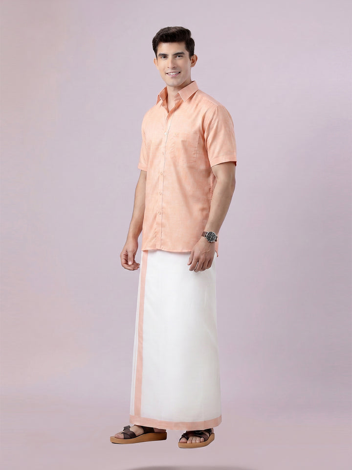 Men's Coral Color Digital Printed Shirt with Matching Printed Border Dhoti Combo Varnam