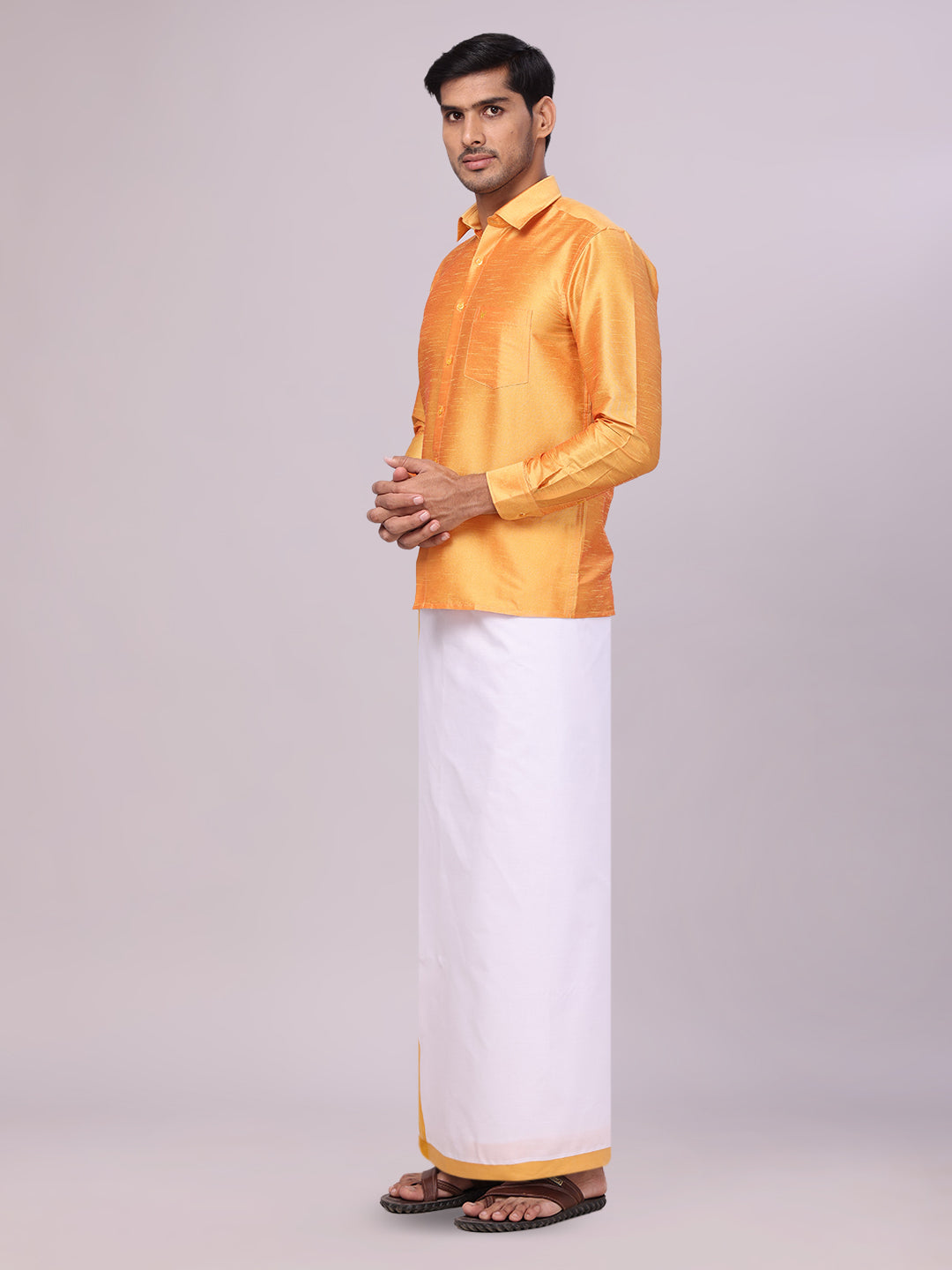 Men's Golden Yellow Dupion Satin Color Shirt with Matching Border Dhoti Combo Gora side pose