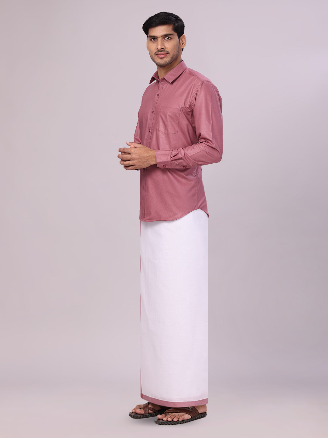 Men's Cotton Dark Pink Matching Shirt and Dhoti Combo Luster side pose