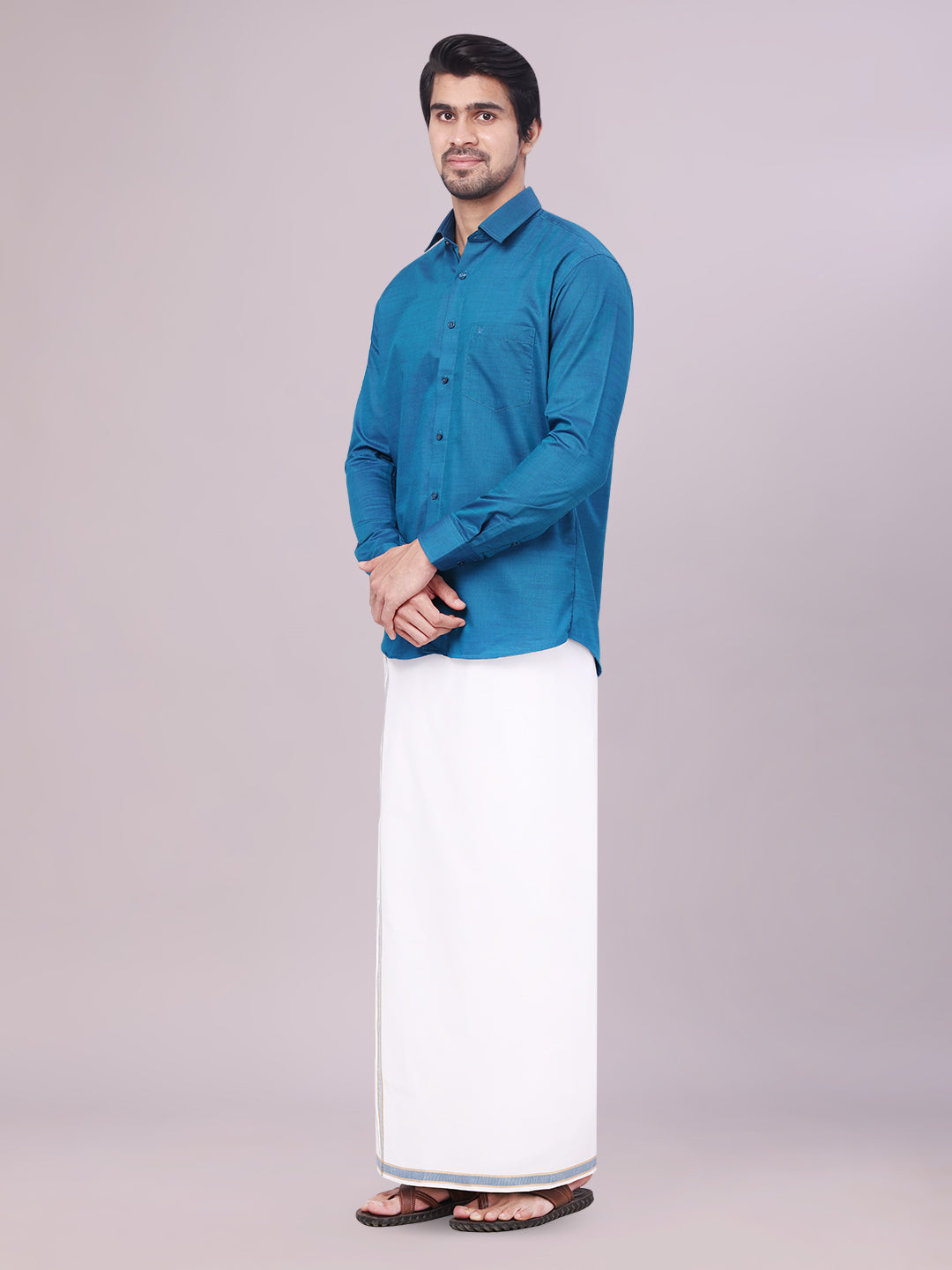 Men's Peacock Shirt with Matching Border Dhoti Combo Pinto side pose