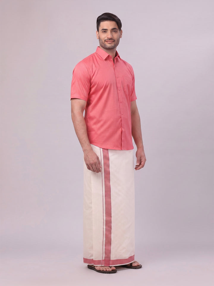 Men's Cotton Dark Pink Shirt and Airtex Matching Border Dhoti Combo Nector