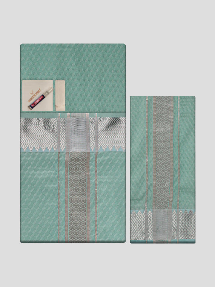 Men's Premium Art Silk Sea Green Shirt Bit with 2 1/2" Copper Jari Border Dhoti Towel Combo Sieger