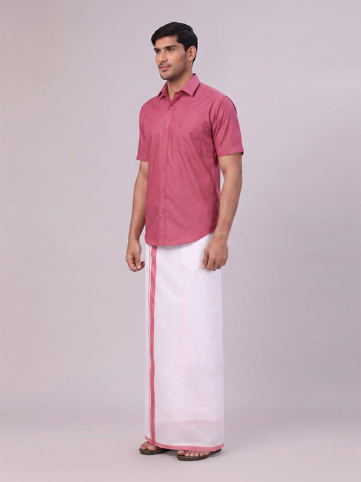 Mens Pink Color Shirt with Matching Border Dhoti Combo Casper