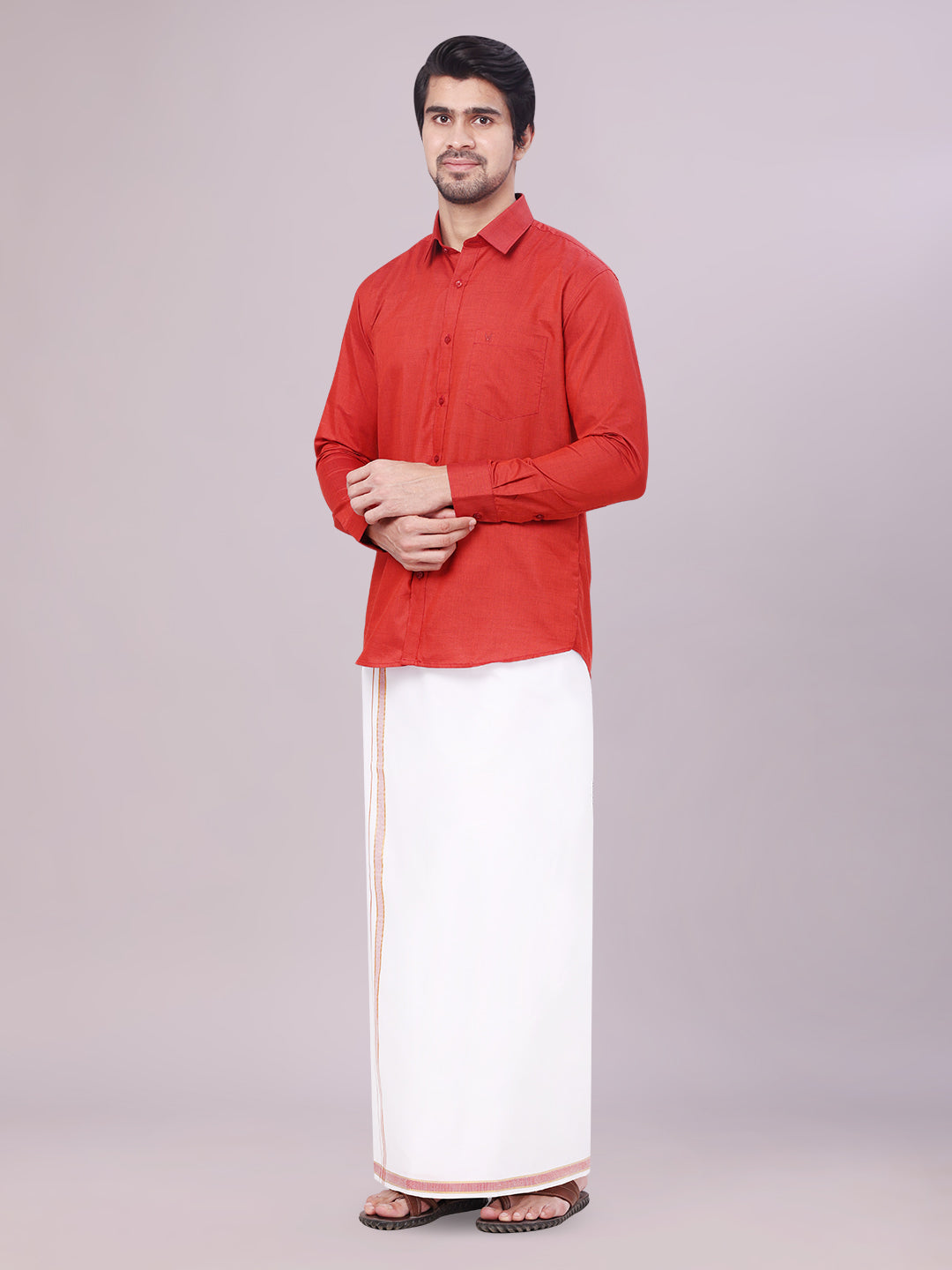 Men's Crimson Red Shirt with Matching Border Dhoti Combo Pinto side pose