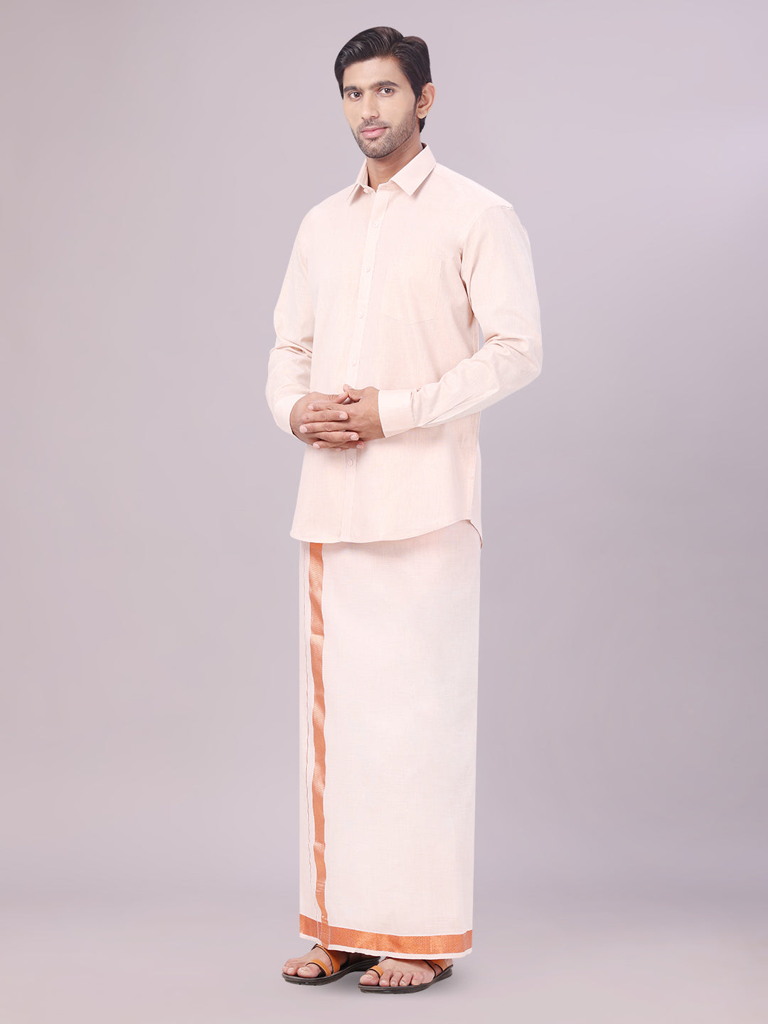 Men's Tissue Copper Colour Dhoti Shirt Wedding Combo Maverick side pose