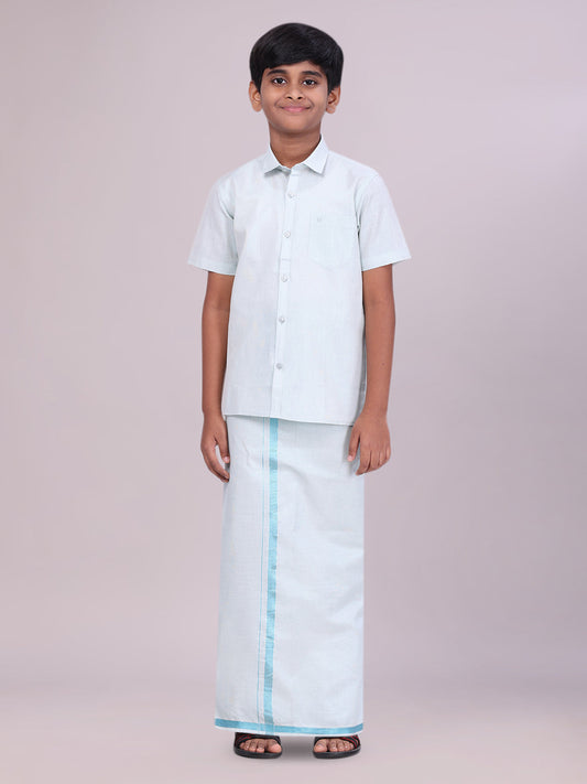 Boys Tissue Mint Blue Colour Shirt with Dhoti Combo 