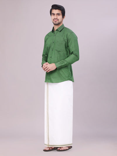 Men's Dark Green Shirt with Matching Border Dhoti Combo Pinto side pose