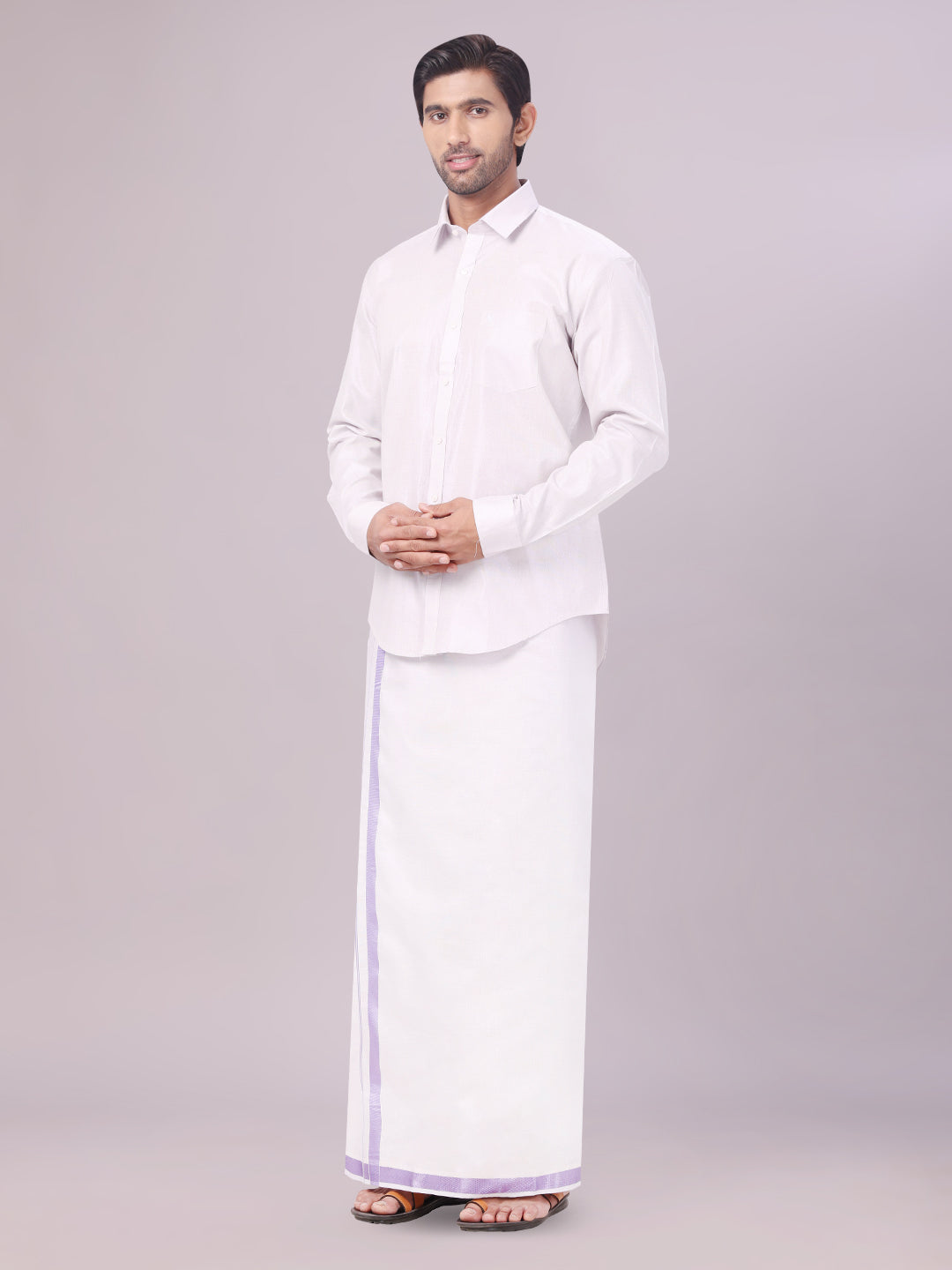 Men's Tissue Lavender Colour Dhoti Shirt Wedding Combo Maverick side pose