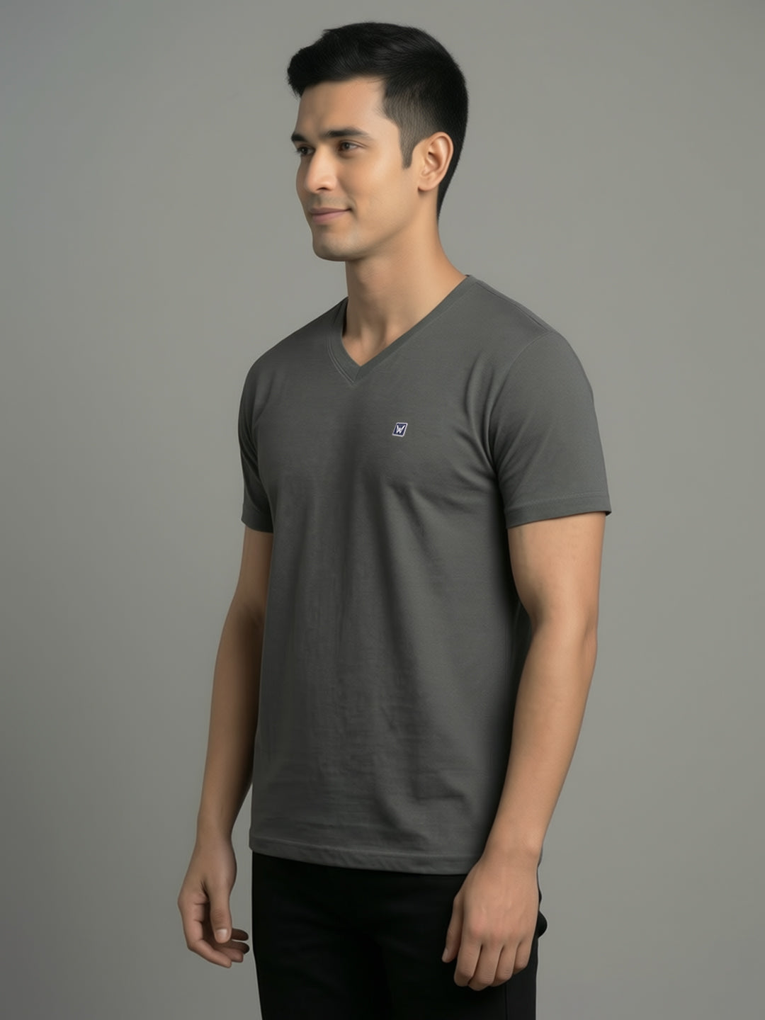 Men's Regular Fit V-Neck Grey T-Shirt Caliber