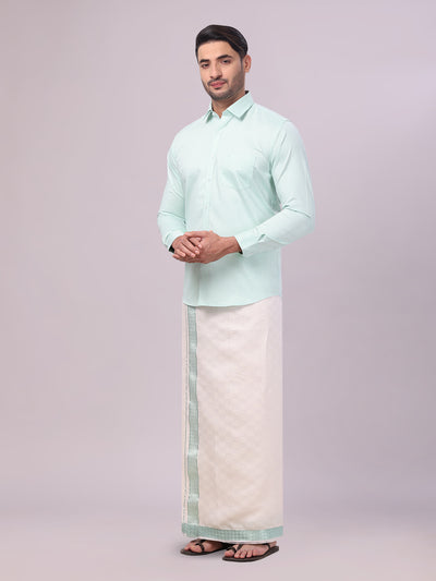 Men's Cotton Sea Green Shirt and Airtex Matching Border Dhoti Combo Nector side pose