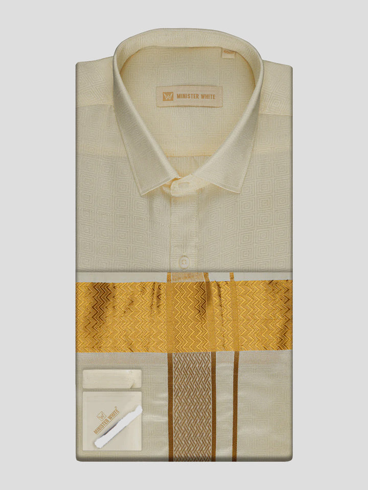 Men's Art Silk Cream Jacquard Full Sleeves Shirt with 2 1/2" Gold Jari Border & Towel Dhoti Combo Nautica