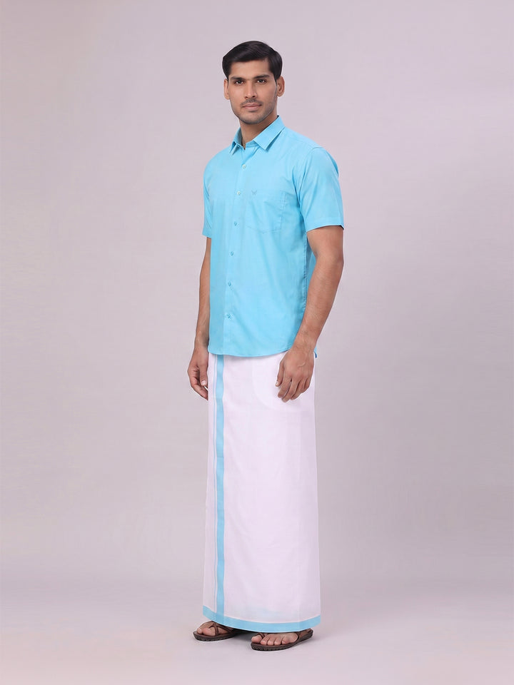 Mens Sky Blue Color Shirt with Matching Border Dhoti Combo Casper