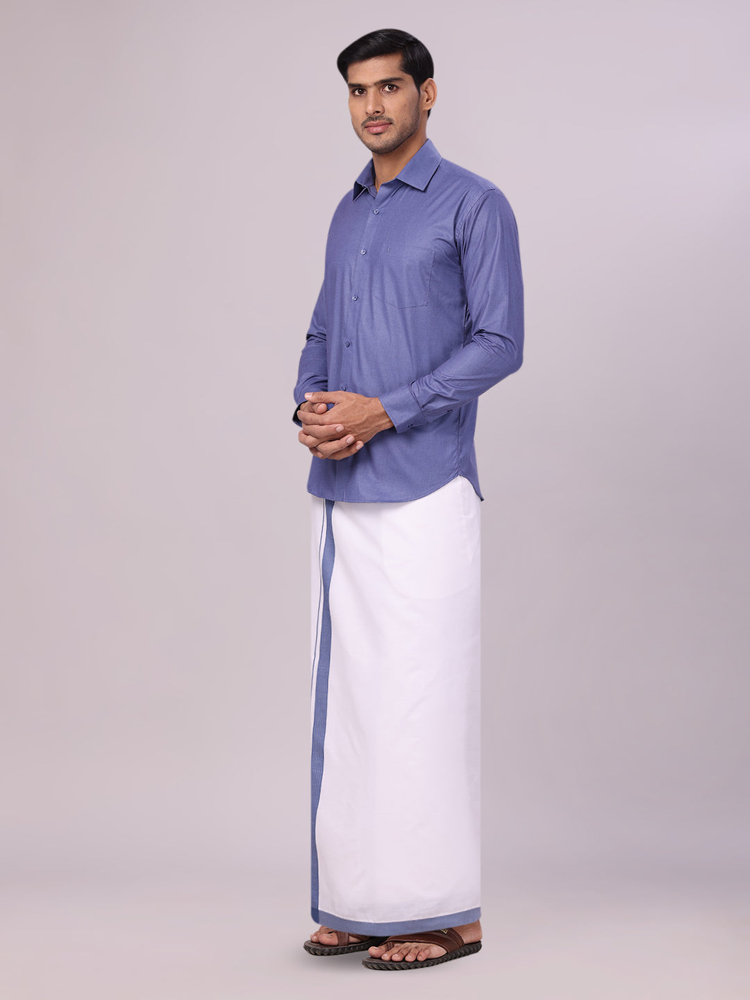 Men's Blue Color Shirt with Matching Border Dhoti Combo Casper side pose