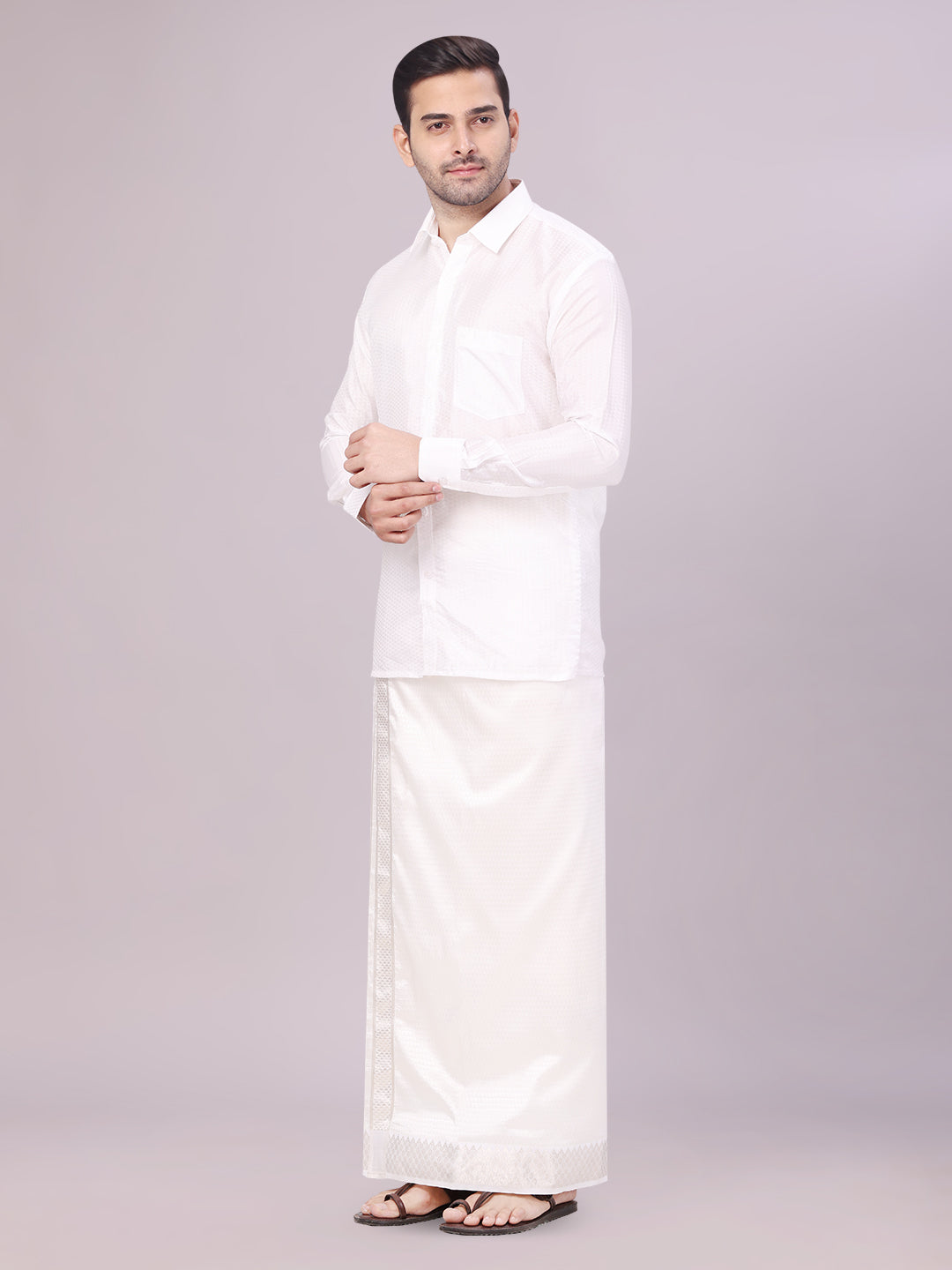 Men's Art Silk Half White Full Sleeves Shirt with 2 1/2" Silver Jari Border Dhoti Combo Neogen side pose