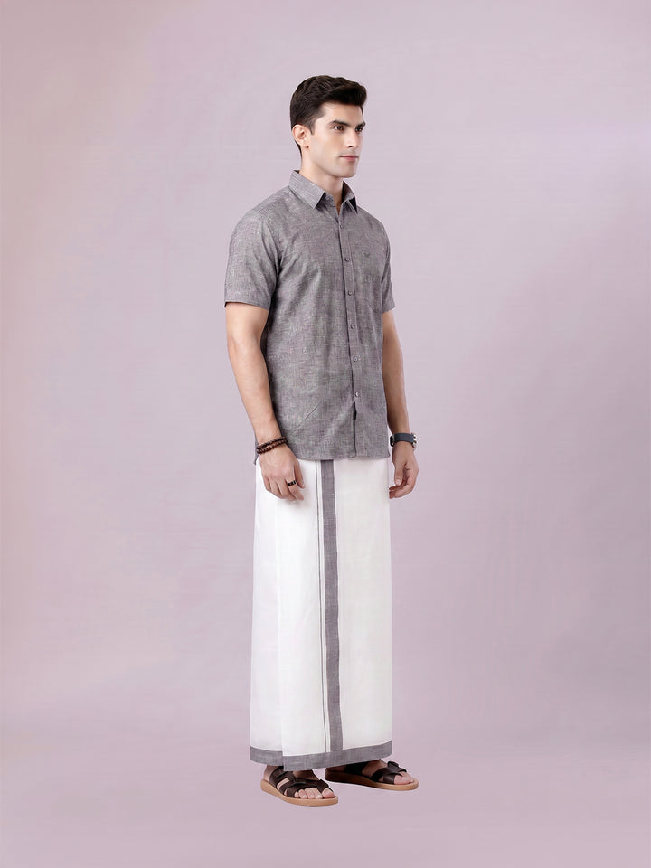 Men's Grey Color Digital Printed Shirt with Matching Printed Border Dhoti Combo Varnam