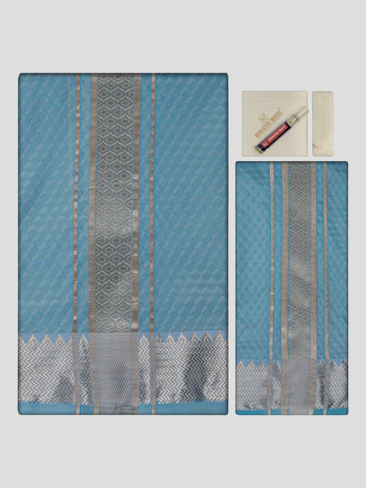 Men's Premium Art Silk Sky Blue Shirt Bit with 2 1/2" Silver Jari Border Dhoti Towel Combo Sieger