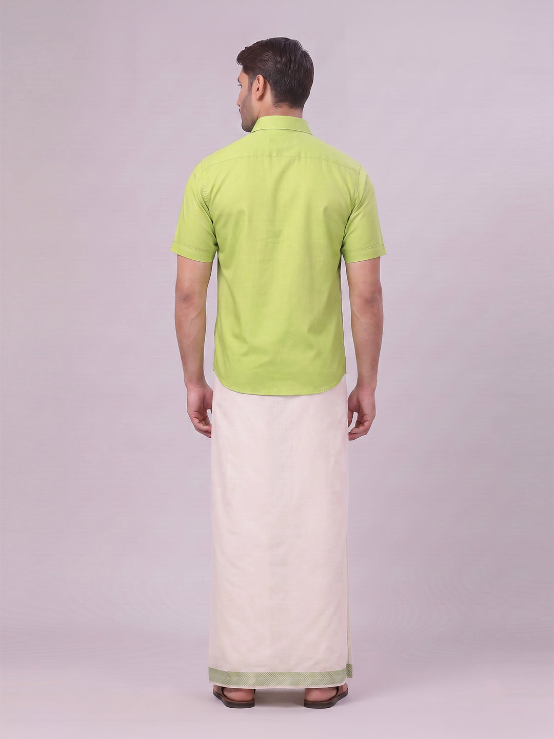 Men Cotton Parrot Green Shirt and Airtex Matching Border Dhoti Combo Nector