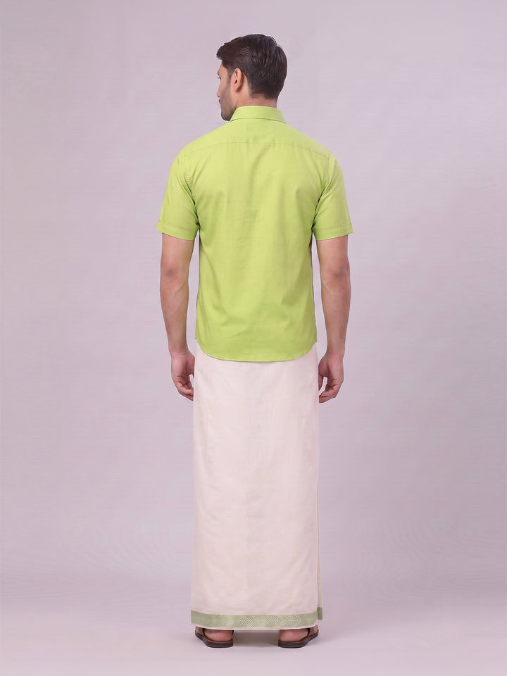 Men Cotton Parrot Green Shirt and Airtex Matching Border Dhoti Combo Nector