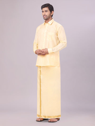 Men's Art Silk Light Gold Full Sleeves Shirt with Gold Jari Border Dhoti Combo Finesse side pose