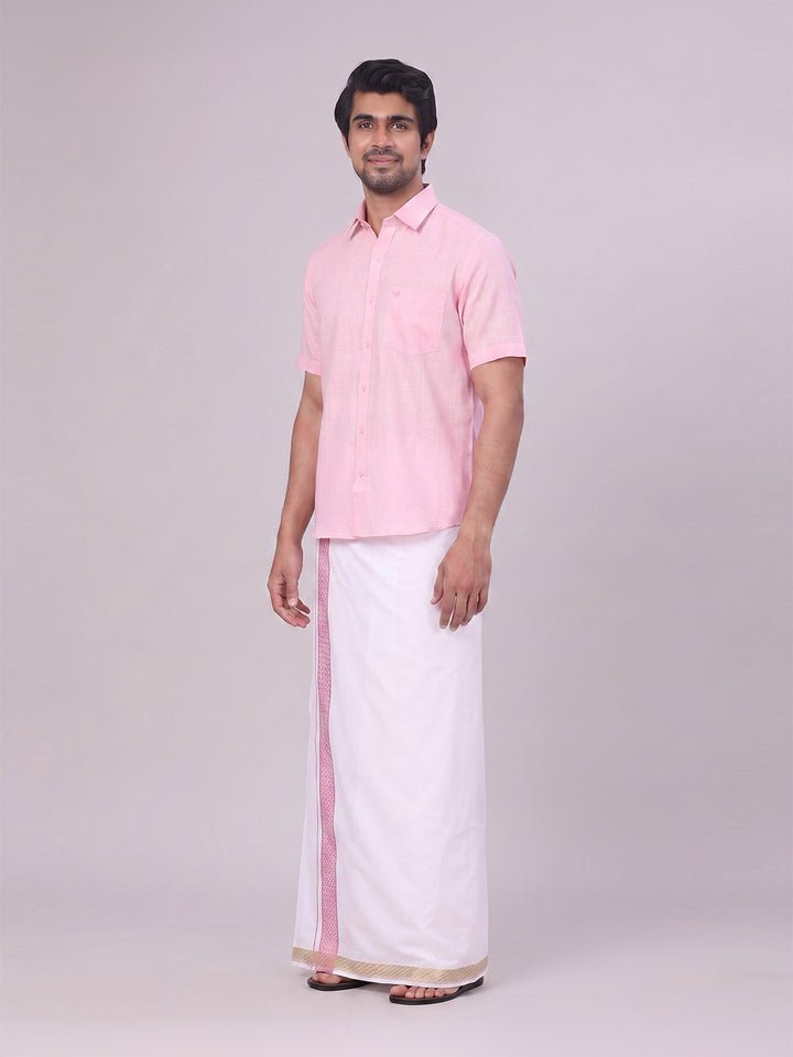 Mens Pink Shirt with Matching jacquard Weave Border Dhoti Combo Marsh