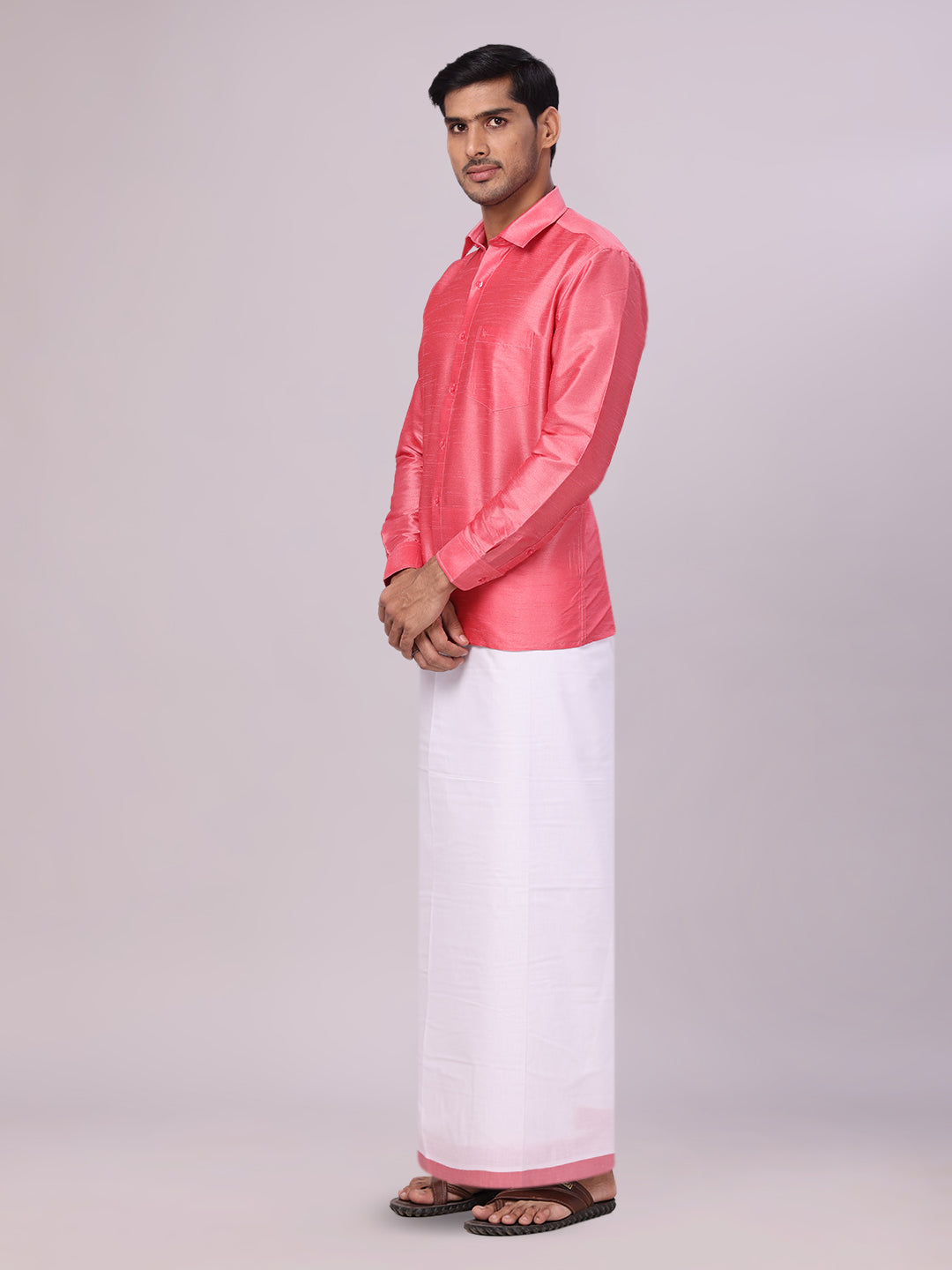 Men's Coral Pink Dupion Satin Shirt with Matching Border Dhoti Combo Gora side pose