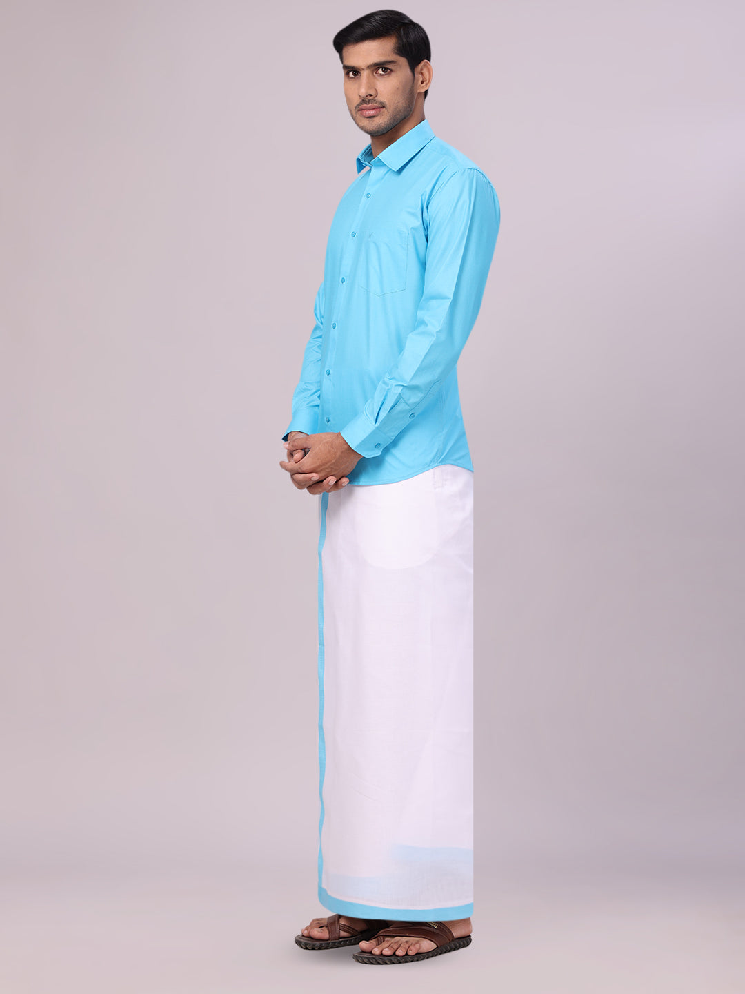 Men's Sky Blue Color Shirt with Matching Border Dhoti Combo Casper side pose