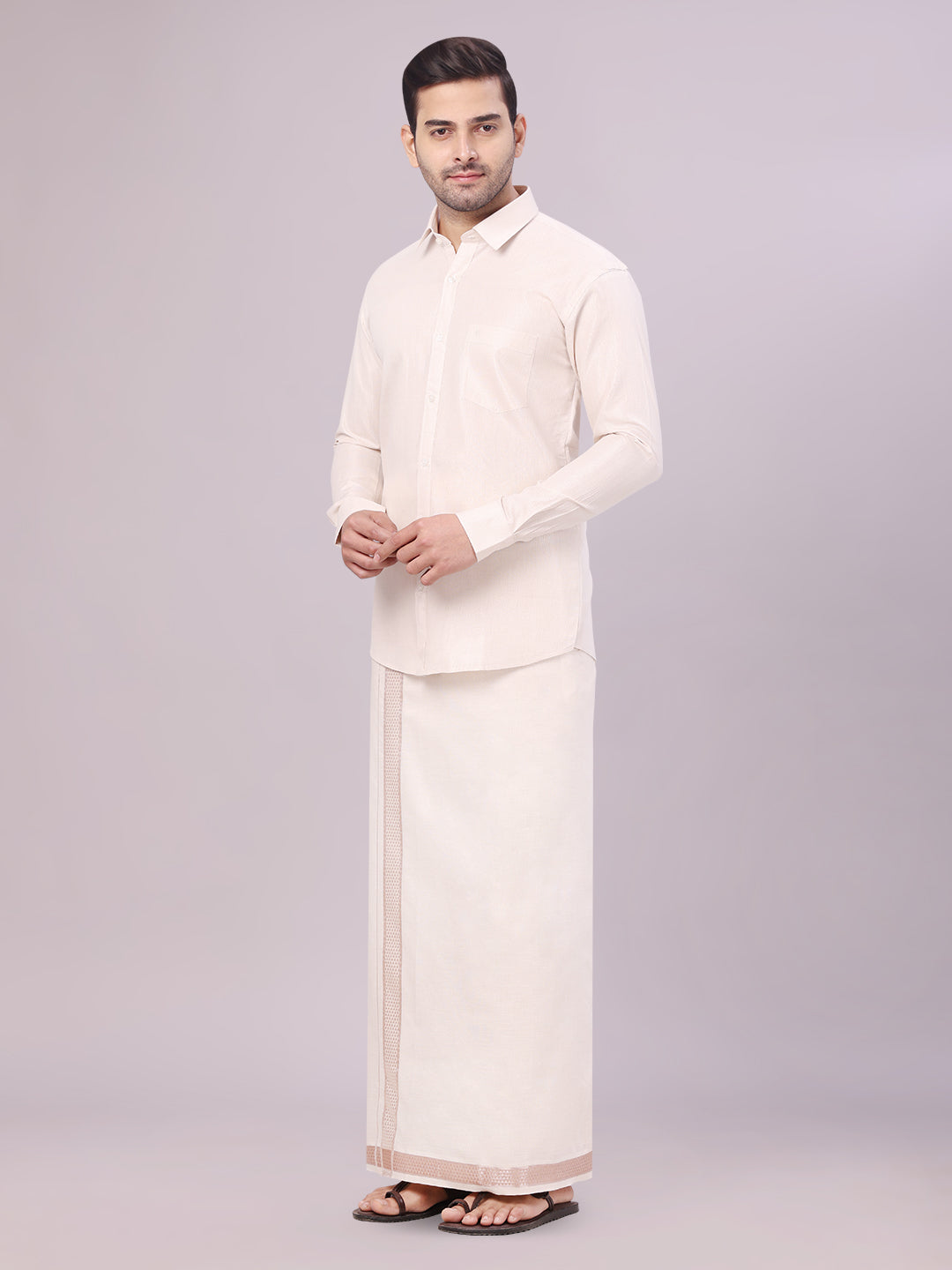 Men's Tissue Almond Shirt with Jacquard Fancy Border Dhoti Wedding Combo Nios side pose