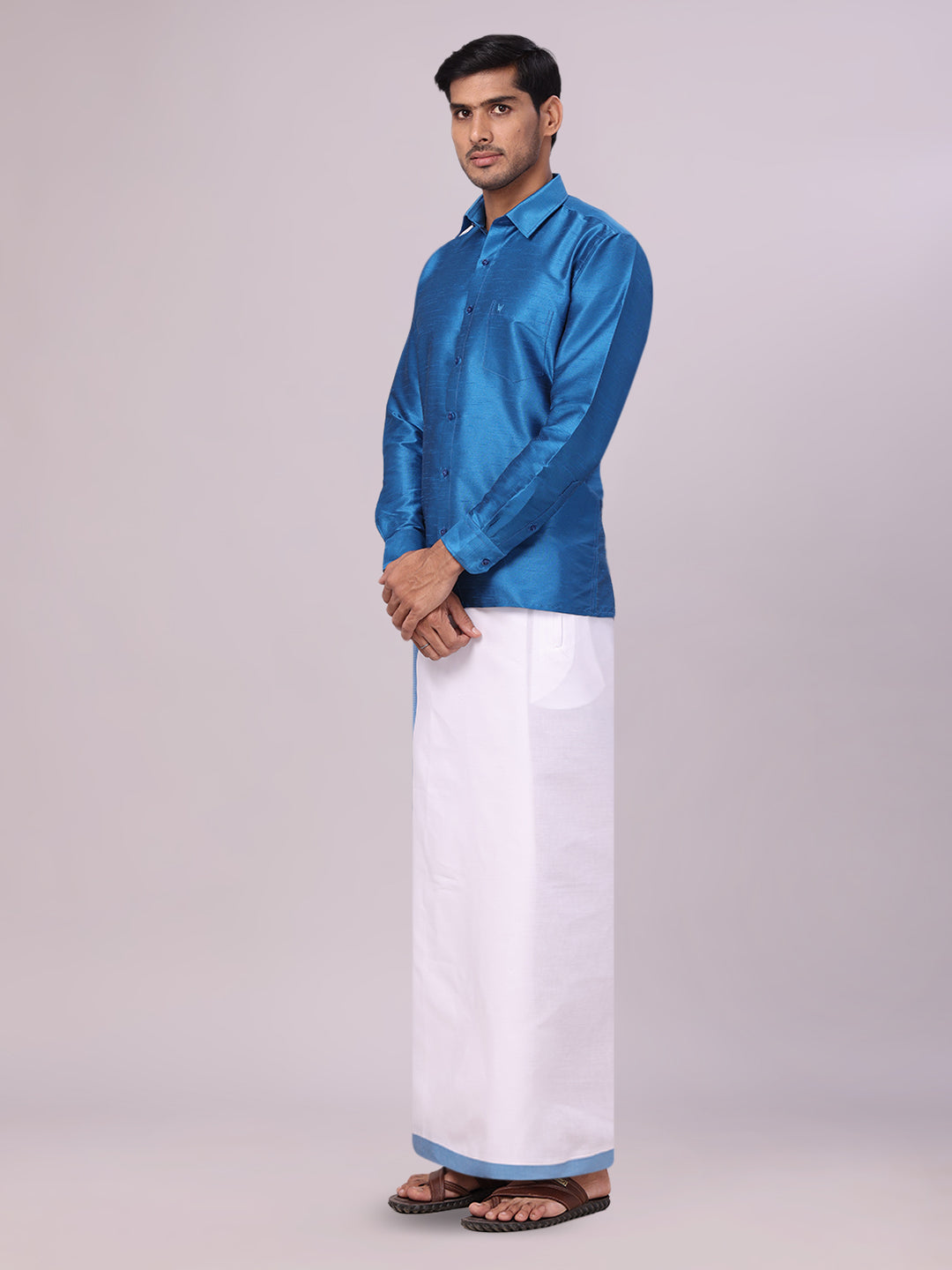 Men's Blue Dupion Satin Color Shirt with Matching Border Dhoti Combo Gora side pose