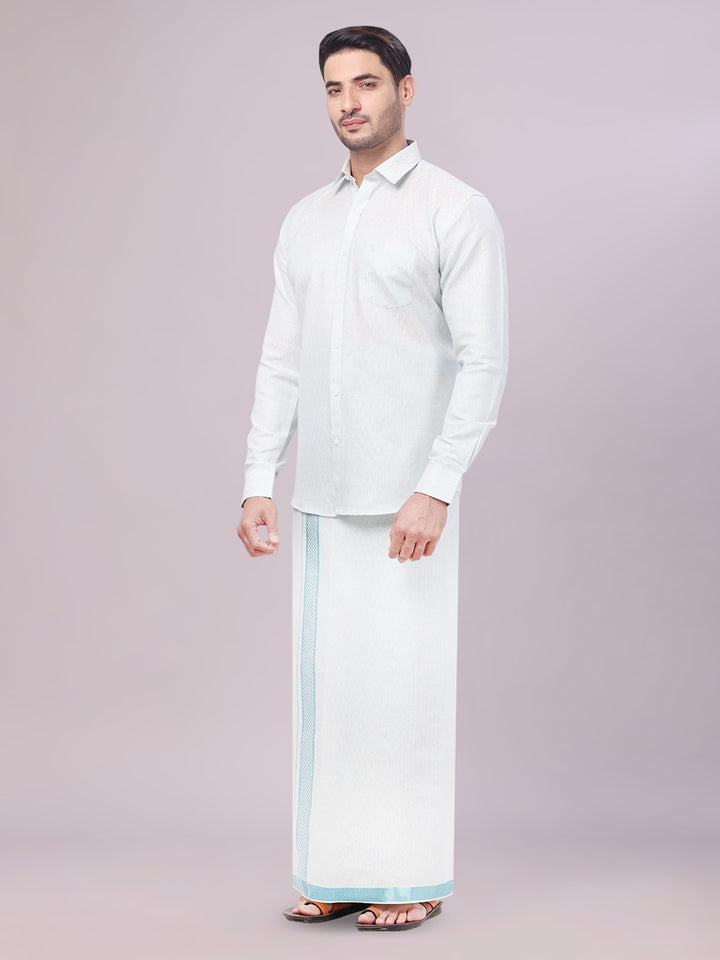 Men's Mint Blue Color Jacquard Shirt with Matching Dhoti Combo Zeebra side pose