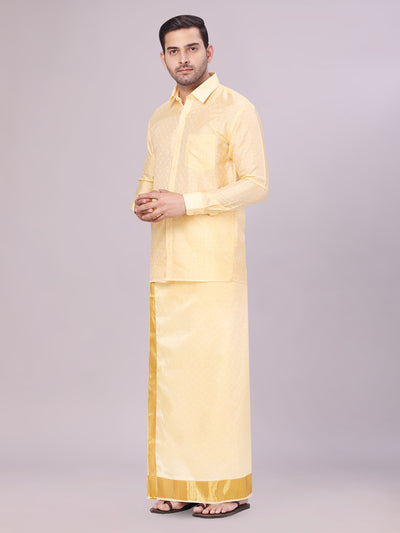 Men's Art Silk Light Gold Full Sleeves Shirt with 3" Gold Jari Border Dhoti Combo Neogen side pose