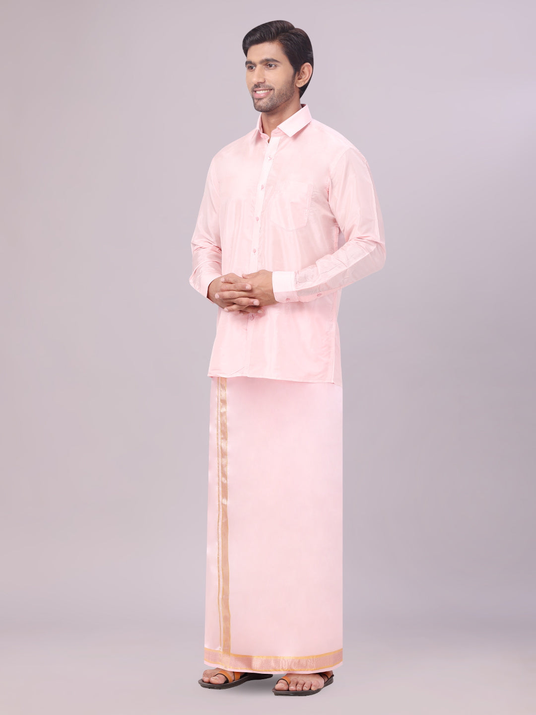 Men's Art Silk Pink Full Sleeves Shirt with Copper Jari Border Dhoti Combo Finesse side pose