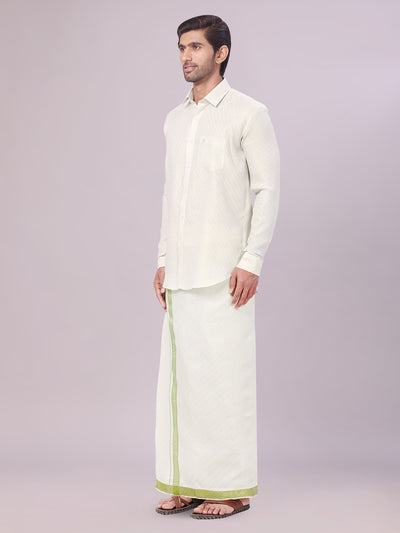 Men's Leaf Green Tissue Jacquard Shirt with Matching Dhoti Combo Zeus side pose