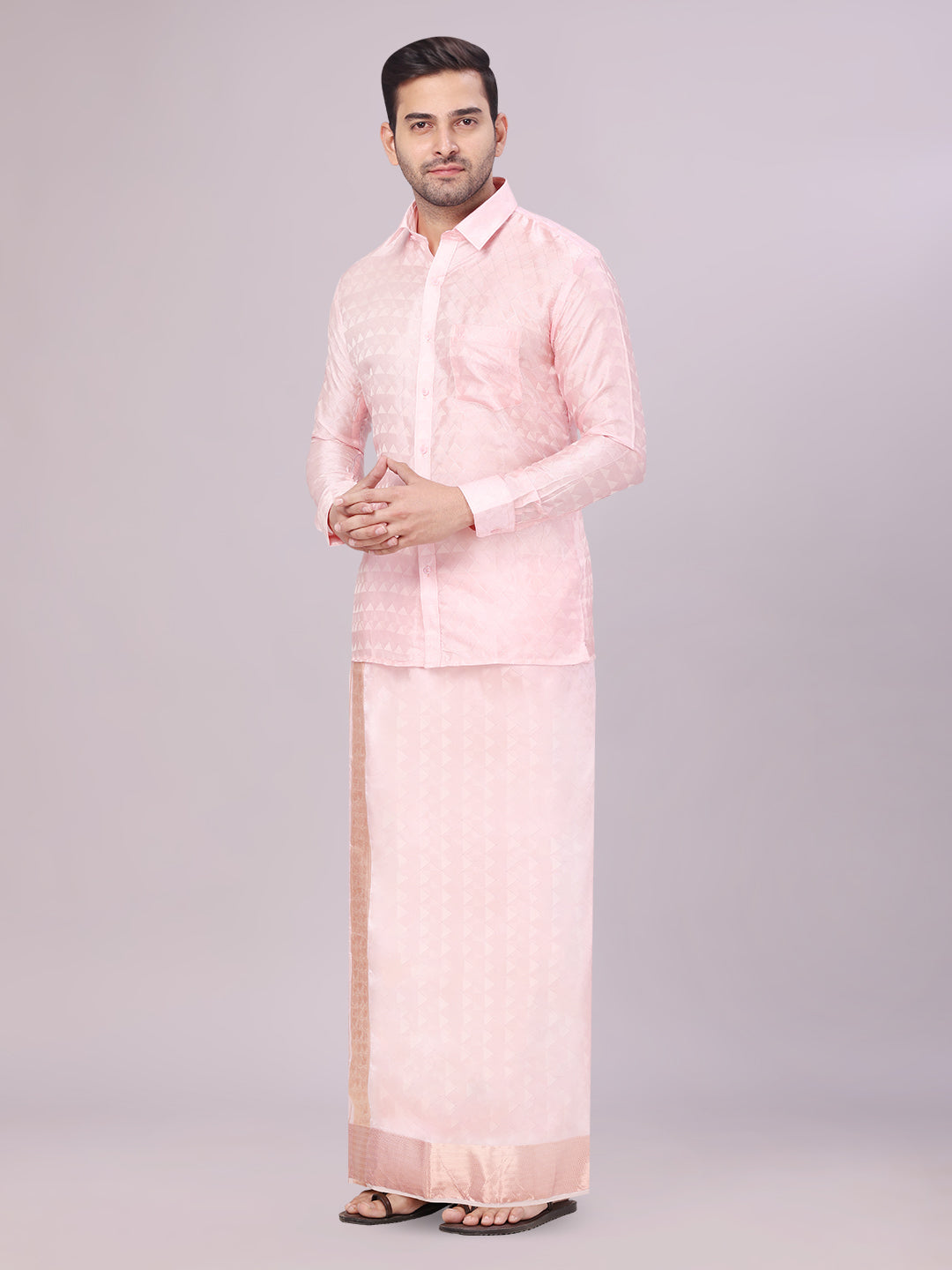 Men's Art Silk Pink Full Sleeves Shirt with 3 1/2" Copper Jari Border Dhoti Combo Neogen side pose