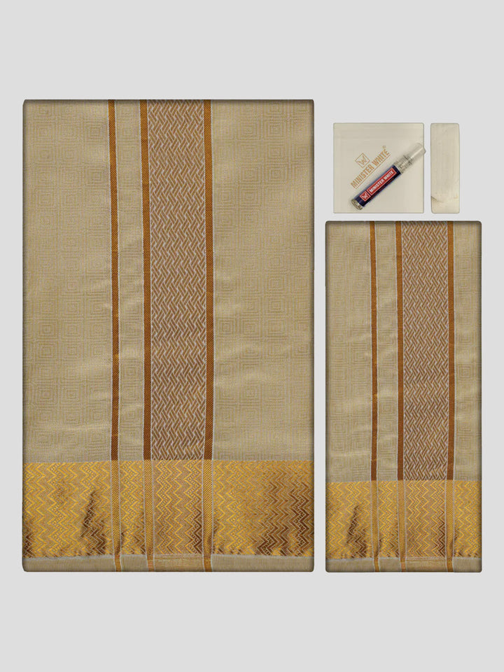 Men's Premium Art Silk Fawn Shirt Bit with 2 1/2" Gold Jari Border Dhoti Towel Combo Sieger