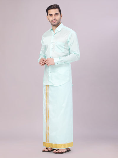 Men's Art Silk Mint Full Sleeves Shirt with 2 1/2" Gold Jari Border Dhoti Combo Neogen side pose