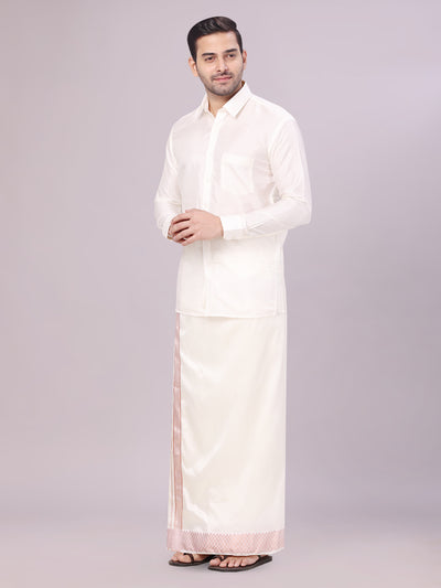 Men's Art Silk Cream Jacquard Full Sleeves Shirt with 2 1/2" Copper Jari Border & Dhoti Combo Nautica
