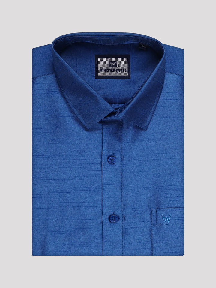 Mens Sky Blue Dupion Satin Color Shirt with Matching Border Flexi Dhoti Combo Gora Flexi