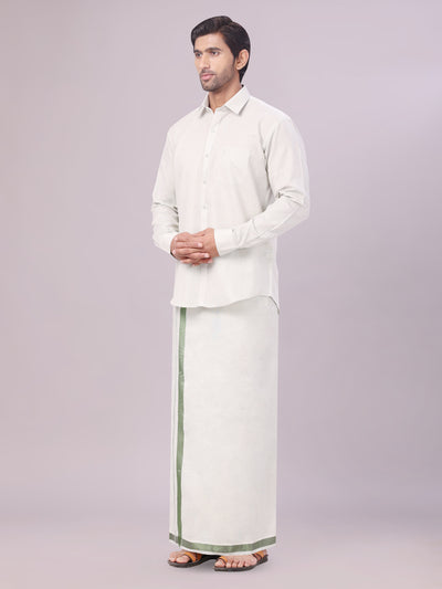 Men's Olive Green Color Tissue Shirt with Jari Dhoti Combo side pose