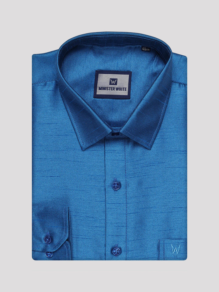 Men's Ramar Blue Dupion Satin Color Shirt with Matching Border Flexi Dhoti Combo Gora Flexi