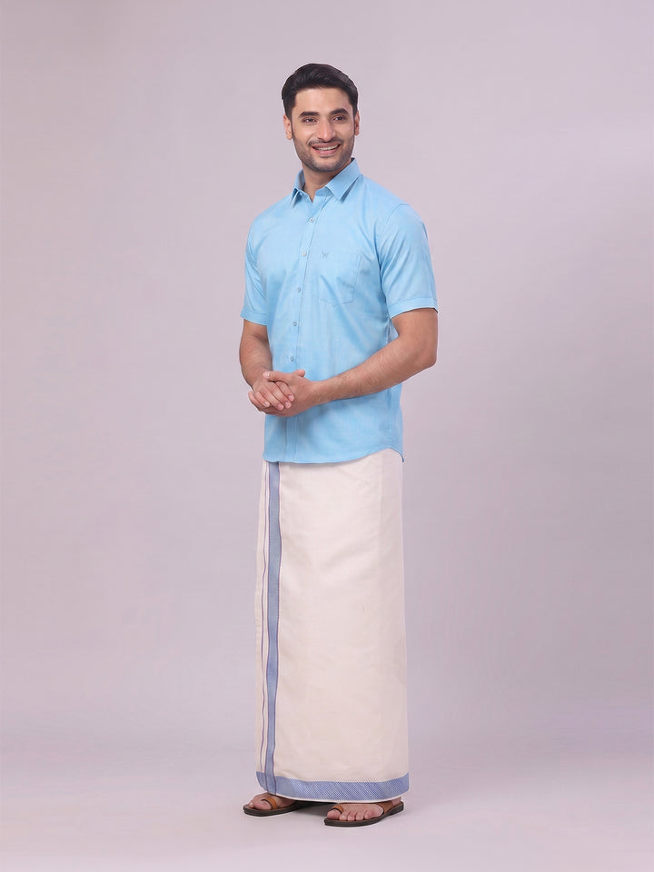 Men's Cotton Sky Blue Shirt and Airtex Matching Border Dhoti Combo Nector