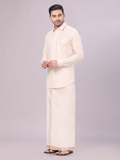 Men's Tissue Light Copper Shirt with Jacquard Fancy Border Flexi Dhoti Wedding Combo Nios side pose