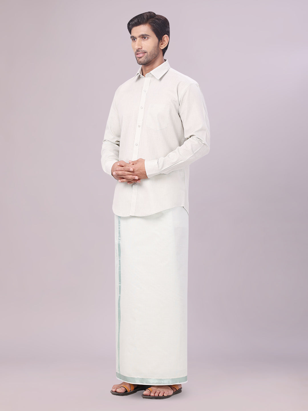 Men's Tissue Leaf Green Color Dhoti Shirt Wedding Combo Maverick side pose