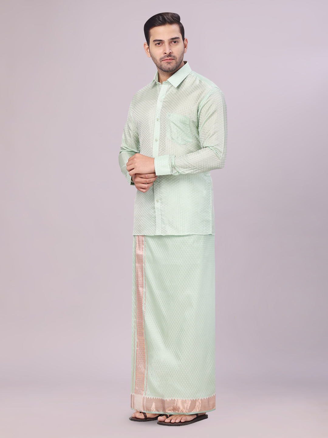 Men's Art Silk Pista Full Sleeves Shirt with 2 1/2" Copper Jari Border Dhoti Combo Neogen side pose