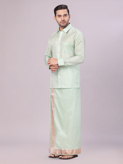 Men's Art Silk Pista Full Sleeves Shirt with 2 1/2" Copper Jari Border Dhoti Combo Neogen side pose